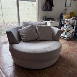 Oversized 54” Swivel Barrel Chair – Neutral Designer Style – Excellent Condition