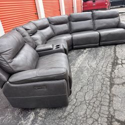 Gray Leather Power Reclining Sectional