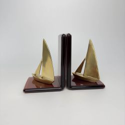 Vintage 1970’s Burgundy Lucite Bookends with Brass Sailboats