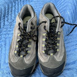Saratoga Earth Shoes, unisex, leather outdoor hiking, women’s size 8.5, mens 6.5, grey, olive 