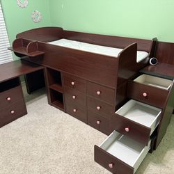 Kids Twin Bed w/ Storage & Pull Out Desk