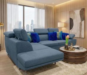 Blue Fabric Sectional Sofa with Chaise
