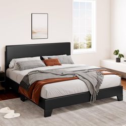 Queen Size PU Leather Upholstered Bed Frame with Headboard,Black, Adjustable Low-Profile Platform Bed, Minimalist Design, Stable Mattress Foundation, 