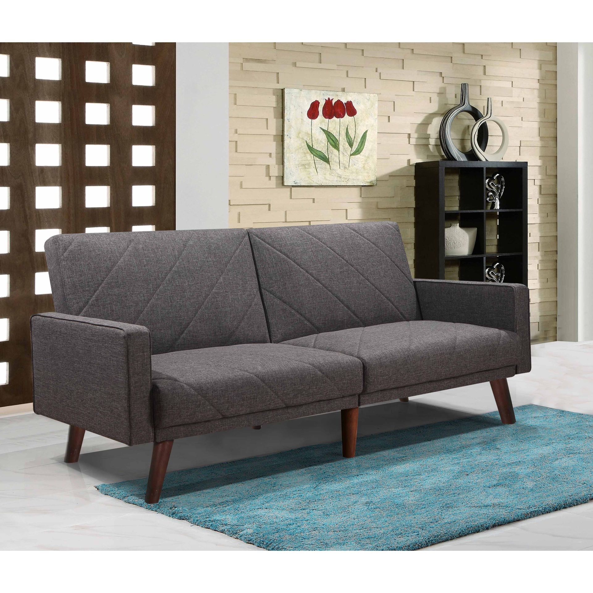Split Back Linen Fabric Futon Sofa Bed with Lines