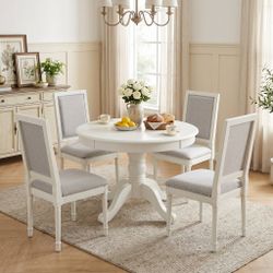 Homy Casa Zuhayr 5PC Classic Dining Set 36” Matte White Round Table with 4 Zakir Fabric Chairs Open Box Assembled
