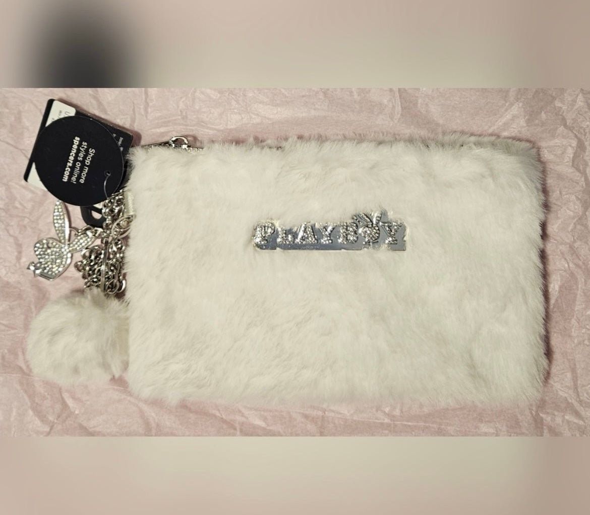 White Furry Playboy Wristlet (NWT)