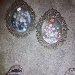 Italian Floral Wall Art: Convex Glass, Ornate Brass Frames, Set of 2