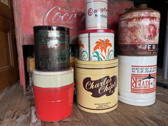 Vintage Tins Campfire, Planters, Charles cups & more (8)