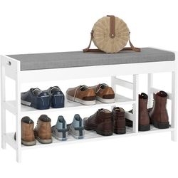 Bamboo Organizer, Entryway Shoe Storage Bench with 2 Tiers Rack, Padded Cushion, White (up to 7 Shoes)