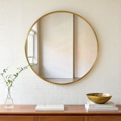 WEST ELM Metal Frame Round Wall Mirror Social Share Icon $499 Antique Brass  Framed 48" Mirror: 48"diam. x 1.5"d; 53 lbs.  Pickup Irvine Spectrum — pr