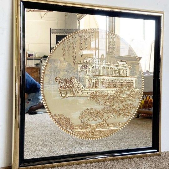 Vintage 1980s Monumental Chinoiserie "Marble Boat" Gilded Carving Eglomise Square Accent Wall Mirror. See Full Description