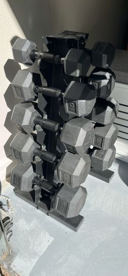 150 lb Rubber Hex Dumbbell Set with Rack – 5–25 lbs