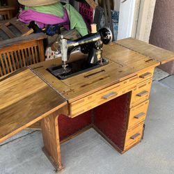 Antique Sewing Machine With Custom Built Table