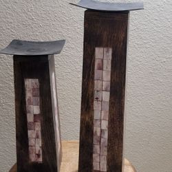 Huge Solid Farmhouse Reclaimed Wood Inlaid Candle Pillar Holders