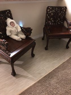 Carved Pair Of Teak Oriental Chairs From Hong Kong