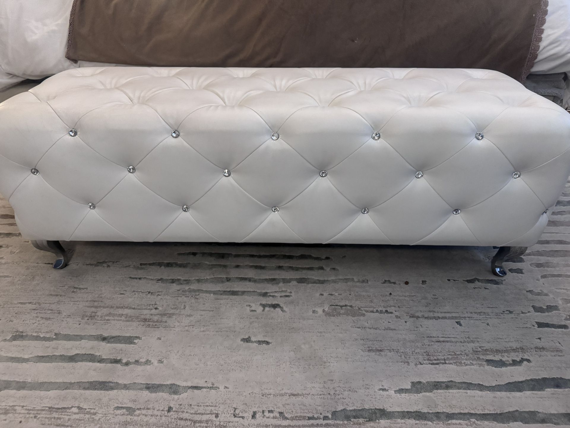 White PU Leather Ottoman With Crystal Tufts