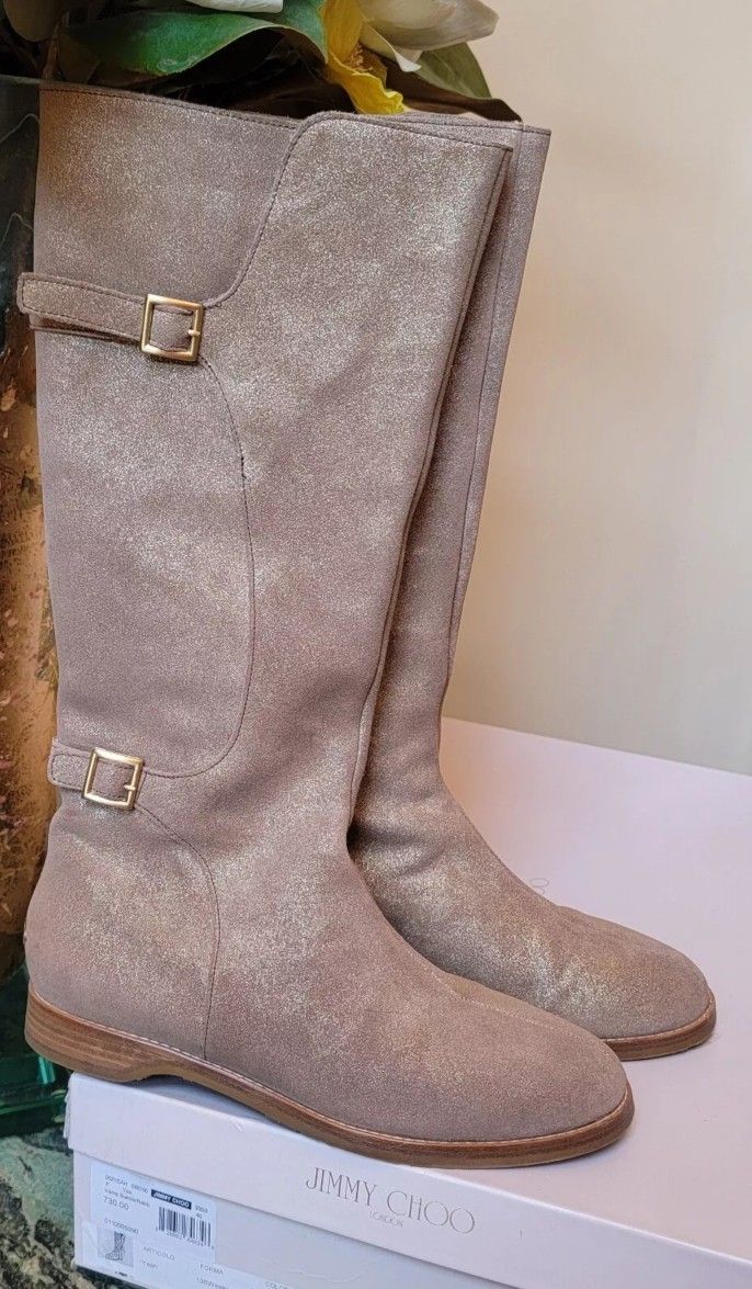 Jimmy Choo Gold Leather Tall Fur Lined Flat 1" Heel Boots
