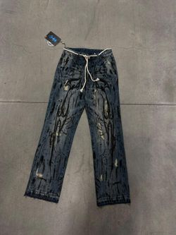 Graffiti Print Distressed Denim Jeans with Rope Belt