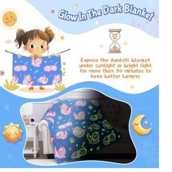 Glow in The Dark Axolotl Blankets,Throw Blanket Toys Gifts for 3 4 5 6 7 8 9 10 Years Old Kids Boys Girls,Soft Cute Glowing Blanket Present for Birthd