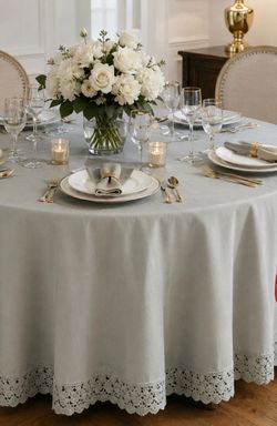 Round sage Linen Tablecloth with Lace Trim