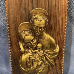 Pre Owned Holy Family Emblem On Decorative Wooden Wall/Door Hanger Made In Italy