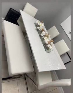 White Gloss Dining Table with Chairs and Bench