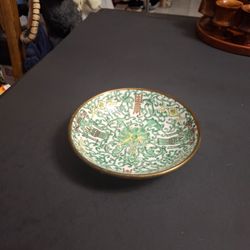 Japanese Porcelain Bowl Encased In A Brass Shell W/Famille Rose Styling Made By ACF In Hong Kong, Vintage Mid 20th Century 5.5"W