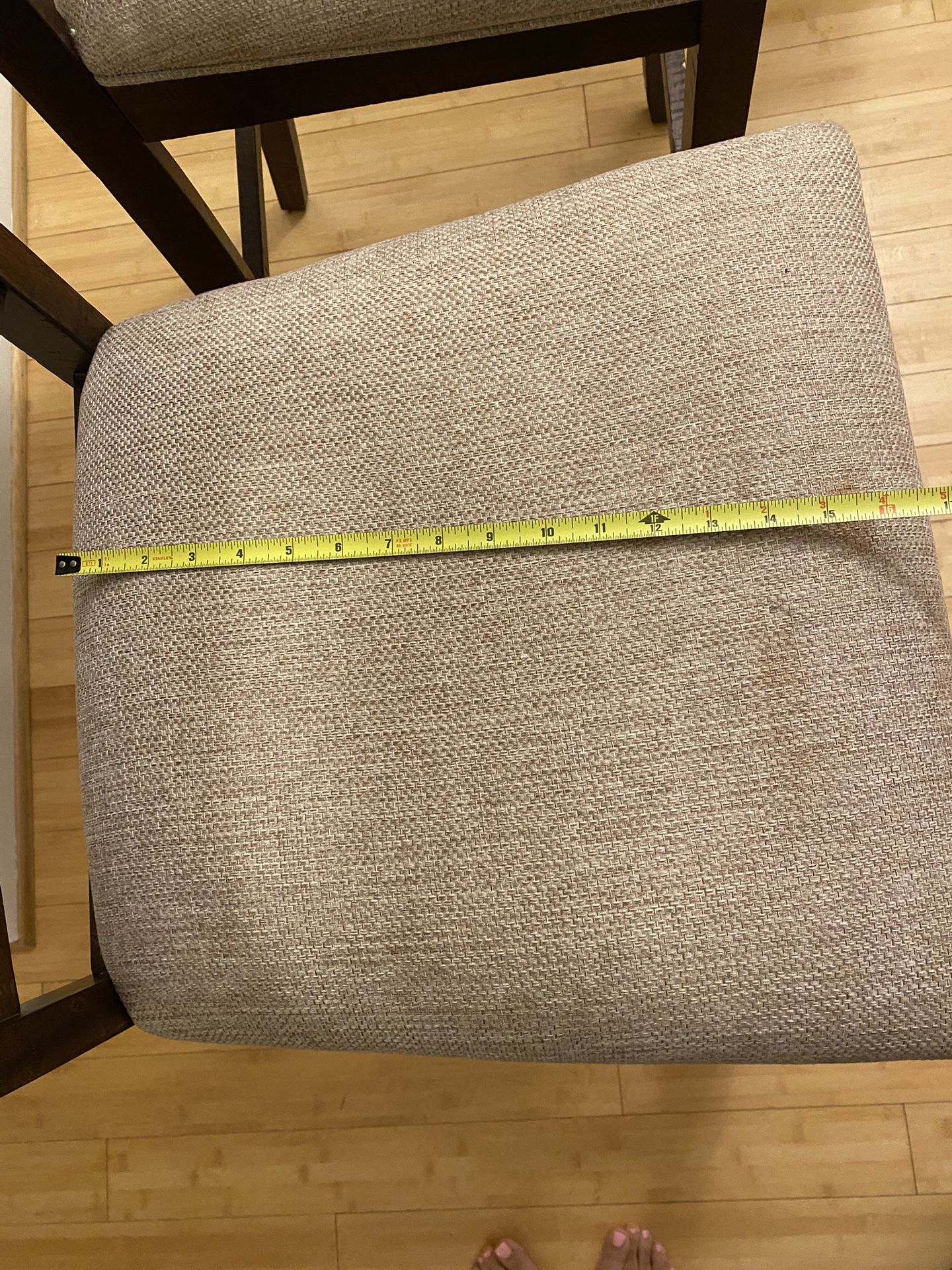 Set of 2 Bar Stools – Dark Wood & Beige Upholstery – $40