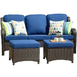OVIOS 3-piece Patio Wicker Sofa with Ottomans - Navy Blue-Brown Wicker