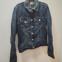 True Religion JIMMY Super T Distressed Denim Snap Jacket Size L