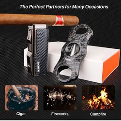 All-in-one Cigar Lighter with V Cigar Cutter, Built-in Cigar Punch, Cigar Holder, Quad Windproof Jet Flame, 4 in 1 Refillable Torch Lighter Set with G