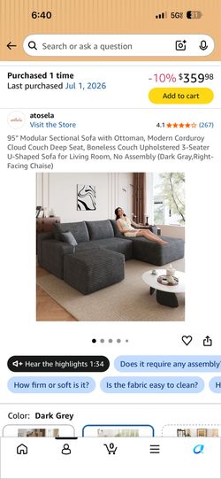 Modular Sectional Sofa with Ottoman, Modern Corduroy Cloud Couch Deep Seat, Boneless Couch Upholstered 3-Seater U-Shaped Sofa