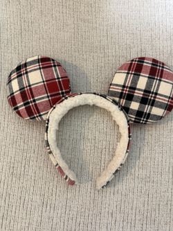 Disney Parks Ears Mickey Mouse JOY Holiday Plaid Sherpa Christmas Ear Headband