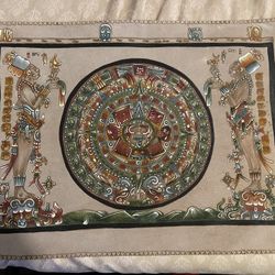 Aztec/Mayan Calendar Painting With 2 Mayan Warriors 