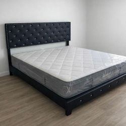 KING SIZE BED FRAME WITH MATTRESS AND BOX SPRING SET 3PCS BED SET // CAMA KING NUEVA 
