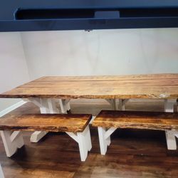 VERY HEAVY Wooden Table w/4 Benches