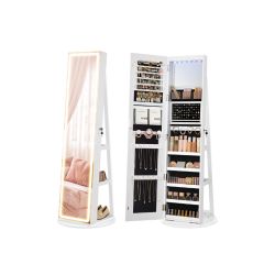SONGMICS LED Jewelry Cabinet Standing, Lockable Armoire With Full-Length Mirror and Adjustable Lights, Space-Saving Organizer, Gift Idea, Ash Brown UJ