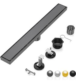 DLONE Linear Shower Drain | 36" AISI 304 Stainless Steel Linear Drain, Gun Gray Shower Drain with Tile Insert Panel & Adjustable Feet, Rectangle Showe