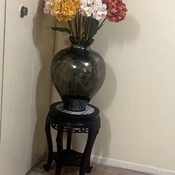 Large 20” Murano Vase With Silk Flowers And Carved Wood Marble Top Stand Pickup Gaithersburg Md20877
