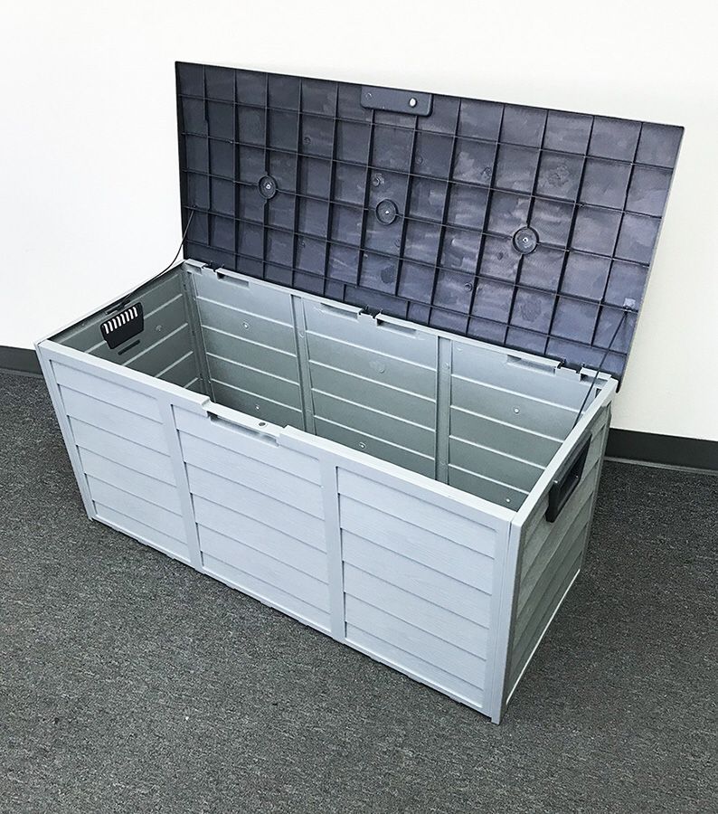 New in box $45 each Plastic Storage Box 70 Gallon Outdoor Durable Plastic Shed Waterproof 44”x19”x21”