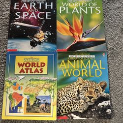 Lot of 4 Science Books – Usborne Earth & Space, World of Plants, Animal World + Nystrom World Atlas