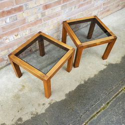 Pair Of Mid Century Modern Solid Wood & Smoke Glass Parsons Tables Vintage