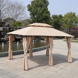 13x10 Outdoor Patio Gazebo Canopy Tent With Ventilated Double Roof And Sidewall,Suitable for Lawn, Garden, Backyard and Deck,KHAKI Top