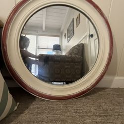 Round Mirror Solid Wood Antique White And Red