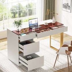 Computer Desk with 4 Drawers, 47 Inch Modern Home Office Desk with Glass Top, White and Gold Writing Workstation Desk with Storage