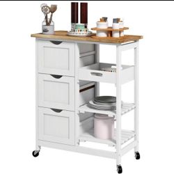HOMCOM Rolling Kitchen Cart, Island with Wood Top, Shelves & Drawers for Dining Area, White