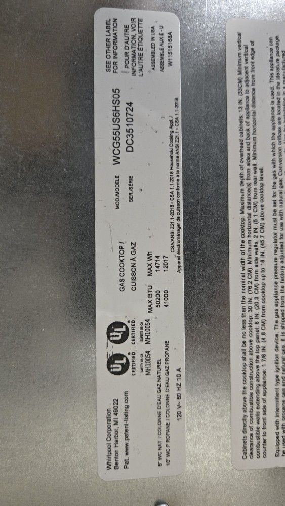 Whirlpool 36 Inch Gas Cooktop