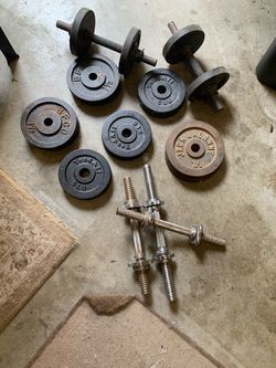 Weight Plates & Fixed Dumbbells (~136 lbs Total); set includes  vintage Jack LaLanne and BFCO  branding on some of the cast iron plates