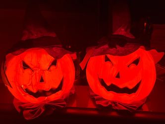 18” Light-Up Pumpkins w/Witch Hats (2)-Vintage Halloween Jack-O-Lanterns
