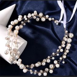 Double Strand Faux Pearl Adjustable Gold Tone Metal Wire Wreath Headpiece Tiara Crown Bridal